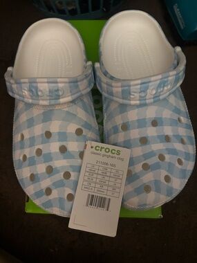 CROCS Kids Classic Gingham Clog - Light Blue & White